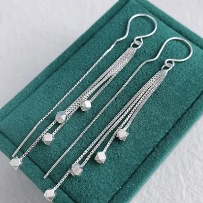 1 Pair 999 Sterling Silver Faceted Cube Bead Long Tassel Threader Earrings, Minimalist & Elegant, Perfect For Daily, Dating & Business, Ideal Valentine's Gift