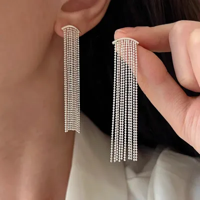 1 Pair 999 Sterling Silver Curved Beaded Long Tassel Earrings, Minimalist & Elegant, Perfect For Daily, Party & Dating, Ideal Valentine's Gift