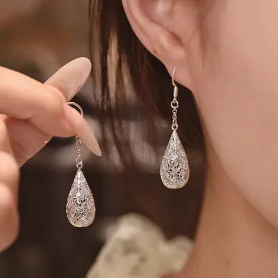 1 Pair 999 Sterling Silver Filigree Hollow Teardrop Drop Earrings, Retro & Elegant, Perfect For Daily, Party & Dating, Ideal Valentine's Gift