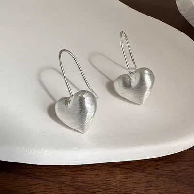 1 Pair 999 Sterling Silver Brushed 3D Heart Hook Earrings, Minimalist & Elegant, Perfect For Daily, Dating & Gifting, Ideal Valentine's Gift