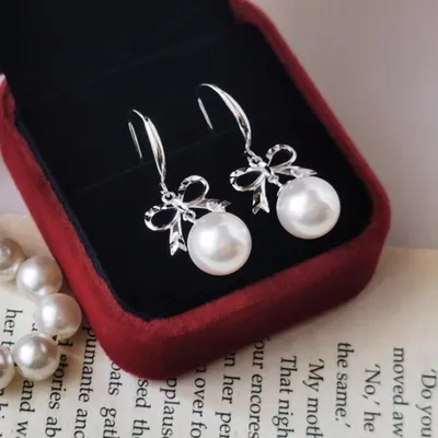 1 Pair 999 Sterling Silver Cut Bowknot & Pearl Hook Earrings, Sweet & Elegant, Perfect For Daily, Dating & Business, Ideal Valentine's Gift