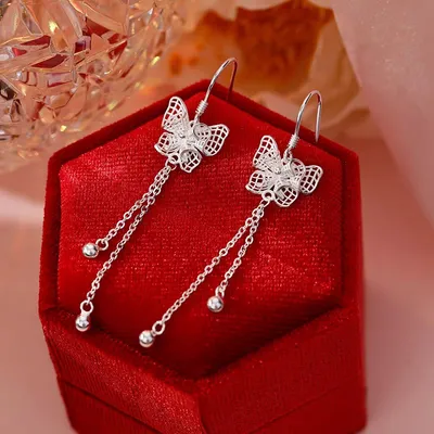 1 Pair 999 Sterling Silver Filigree Hollow Butterfly Long Tassel Drop Earrings, Elegant & Versatile, Perfect For Daily, Dating & Gifting, Ideal Valentine's Gift