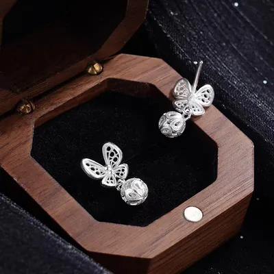 1 Pair 999 Sterling Silver Filigree Hollow Butterfly Palace Bell Stud Earrings, Retro & Elegant, Perfect For Daily, Dating & Gifting, Ideal Valentine's Gift