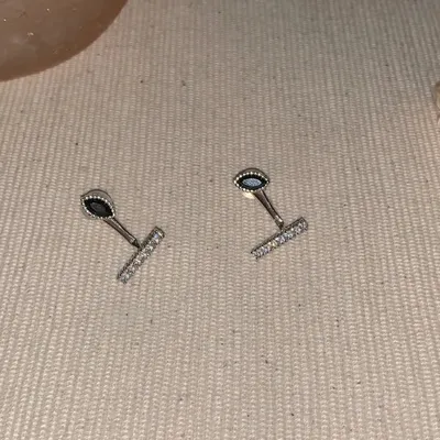 1 Pair 999 Sterling Silver Marquise Black Zircon Convertible Stud Earrings, Minimalist & Elegant, Perfect For Daily, Dating & Business, Ideal Valentine's Gift