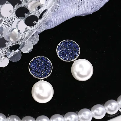 1 Pair 999 Sterling Silver Blue Crystal & Pearl Drop Stud Earrings, Elegant & Versatile, Perfect For Daily, Dating & Business, Ideal Valentine's Gift
