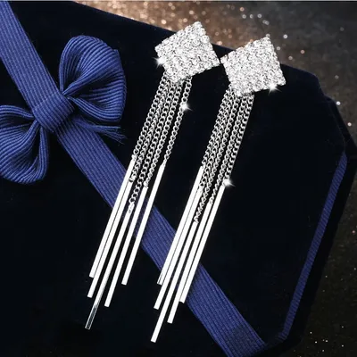 1 Pair 999 Sterling Silver Full Diamond Square Long Tassel Drop Earrings, Sparkly & Elegant, Perfect For Daily, Dating & Parties, Ideal Valentine's Gift