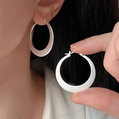 1 Pair 999 Sterling Silver Matte Large Hoop Earrings, Minimalist Style, Perfect For Daily Wear And Valentine's Gift