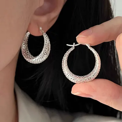 1 Pair 999 Sterling Silver Hammered Wide Hoop Earrings, Minimalist Style, Perfect For Daily Wear And Valentine's Gift