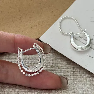 1 Pair 999 Sterling Silver Beaded Chain Hoop Earrings, Minimalist Style, Perfect For Daily Wear And Valentine's Gift