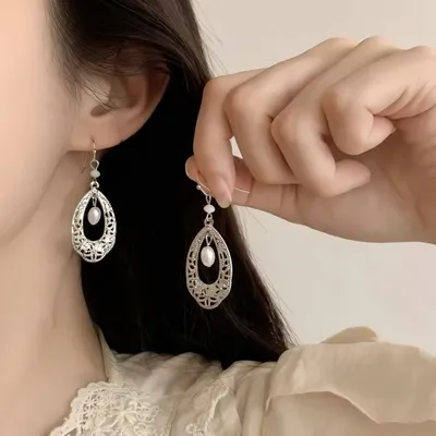 1 Pair 999 Sterling Silver Hollow Teardrop Natural Pearl Earrings, Retro French Style, Perfect For Daily Wear & Valentine's Gifts