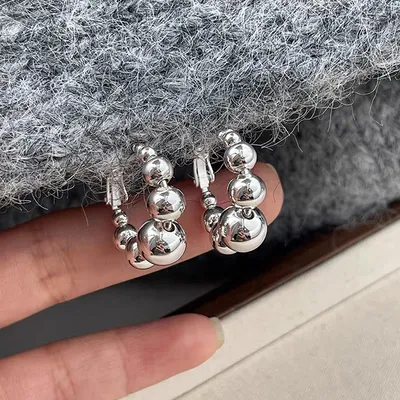 1 Pair 999 Sterling Silver Gradient Bead C-shaped Hoop Earrings, Minimalist Elegant Style, Perfect For Daily Wear & Valentine's Gifts