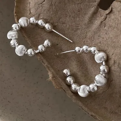 1 Pair 999 Sterling Silver Brushed Gradient Bead C Hoop Earrings, Minimalist Sweet Style, Perfect For Daily Wear & Valentine's Gifts