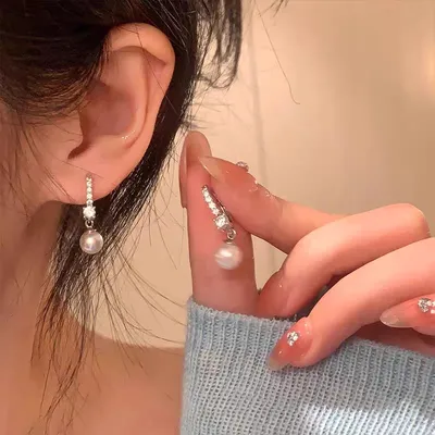 1 Pair 999 Sterling Silver CZ & Pearl Drop Huggie Earrings, Elegant Minimalist Style, For Daily Wear & Party Use