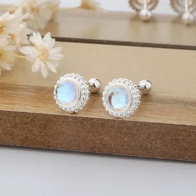 1 Pair 999 Sterling Silver Moonstone Screw-back Earrings, Romantic Dainty Style, Perfect For Date Night And Anniversary