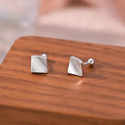 1 Pair 999 Sterling Silver Brushed Rhombus Screw-back Stud Earrings, Minimalist Chic Style, For Daily Wear & Office Outfits