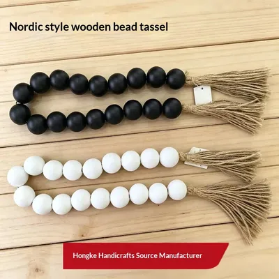 18-bead Large-size Bead Necklace With Hemp Rope Tassels And Wooden Beads