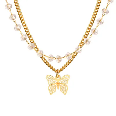  Korean Version Of The New Butterfly Crystal Double-Layer Titanium Steel Necklace Female Ins Fashion Simple Temperament Clavicle Chain