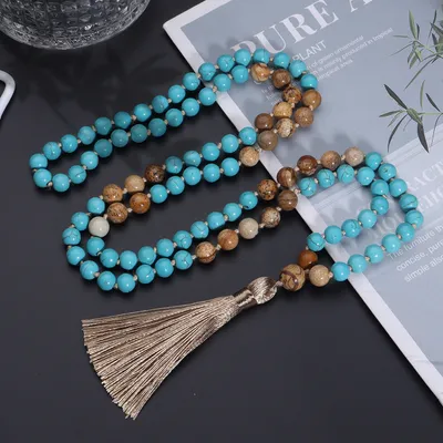 108 Mala Necklace Vintage Turquoise Painted Stone Necklace