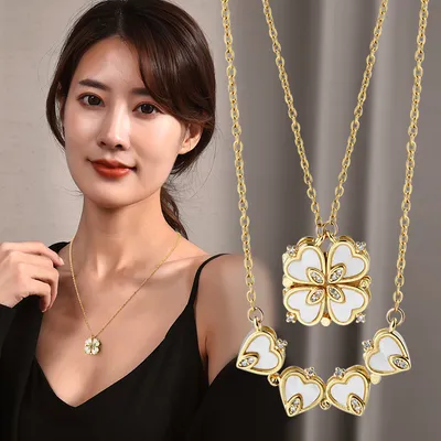 Magnetic Convertible Four Leaf Clover Necklace For Women, 4 Connected Heart Zircon Pendant Adjustable Sweater Chain, Dainty Elegant Fashion Jewelry