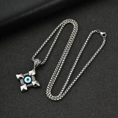 Stainless Steel Devils Eye Cross Pendant Necklace