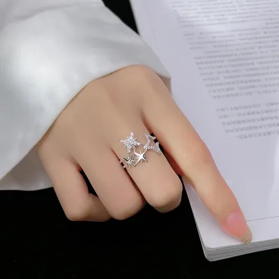  Sterling Silver Rhinestone Hollow Star Dainty Band Ring