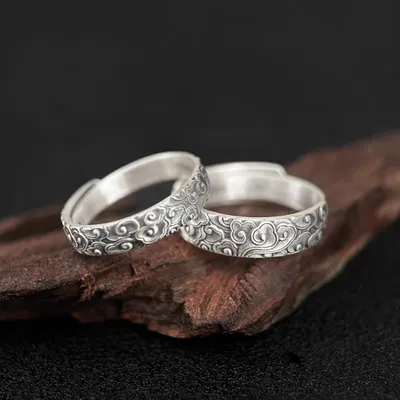 1 Pair 999.9 Sterling Silver Vintage Cloud Open Couple Rings, Retro Chinese Style, Perfect For Daily Wear & Valentine's Day Gift