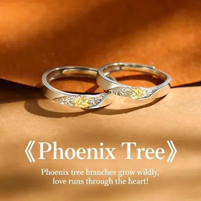 1 Pair 999 Sterling Silver Phoenix Tree Leaf Couple Rings, Romantic Adjustable Promise Rings, Ideal Valentine's Day Gift For Lovers