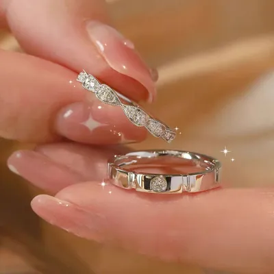 1 Pair 999 Sterling Silver Twisted Diamond Couple Rings, Minimalist Luxurious Promise Rings, Ideal Valentine's Day Gift For Lovers