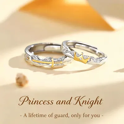1 Pair 999 Sterling Silver Princess & Knight Couple Rings Adjustable Open Cuff, Romantic Fairytale Design, Ideal Valentine's Day Gift For Lovers