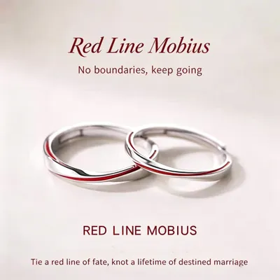 1 Pair 999 Sterling Silver Red Line Mobius Couple Rings, Adjustable Promise Rings, Ideal Valentine's Day Gift For Lovers