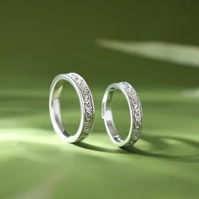 1 Pair 999 Sterling Silver Tang Grass Engraved Couple Rings, Retro Elegant Style, For Daily Wear & Valentine's Gifts
