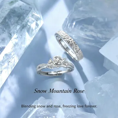 1 Pair 999 Sterling Silver Snow Mountain Rose Couple Rings, Romantic Carved Design, For Daily Wear & Valentine's Gifts