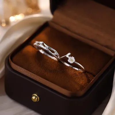 1 Pair 999 Sterling Silver Twig & Flower Couple Rings, Minimalist Romantic Style, For Daily Wear & Valentine's Gifts