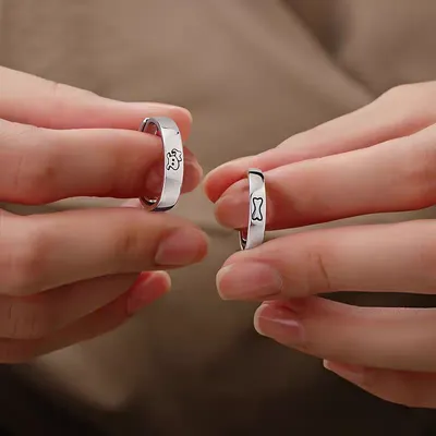 1 Pair 999 Sterling Silver Dog & Bone Couple Rings, Cute Adjustable Promise Rings, Ideal Valentine's Day Gift For Lovers