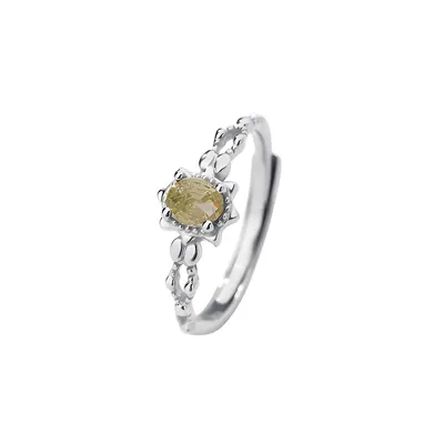 1 Piece 999 Sterling Silver Oval Yellow Gemstone Sunburst Ring, Delicate Beaded Band Style, For Daily Wear & Gifting