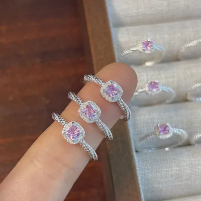 1 Piece 999 Sterling Silver Pink Cushion Cut CZ Ring, Halo Pave Twisted Band Style, For Daily Wear & Valentine's Gifts
