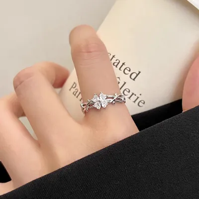 1 Piece 999 Sterling Silver Four-Leaf Clover CZ Ring, Delicate Vine Band Style, For Daily Wear & Valentine's Gifts