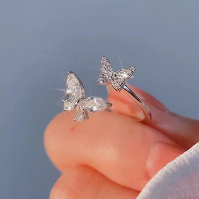 1 Piece 999 Sterling Silver Double Butterfly CZ Ring, Open Adjustable Band Style, For Daily Wear & Valentine's Gifts