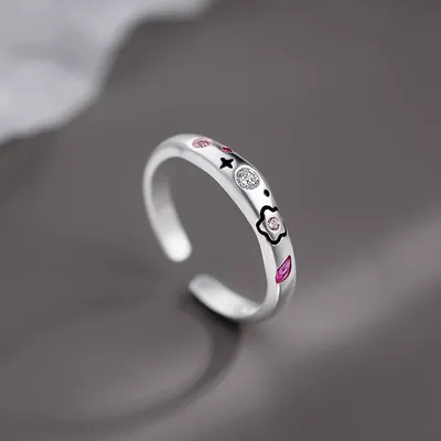 1 Piece 999 Sterling Silver Cute Flower & Star Enamel Open Ring, Casual Y2K Style, For Daily Wear & Gifting