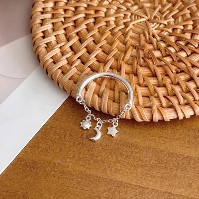 1 Piece 999 Sterling Silver Sun Moon Star Charm Open Ring, Delicate Dangling Style, For Daily Wear & Valentine's Gifts