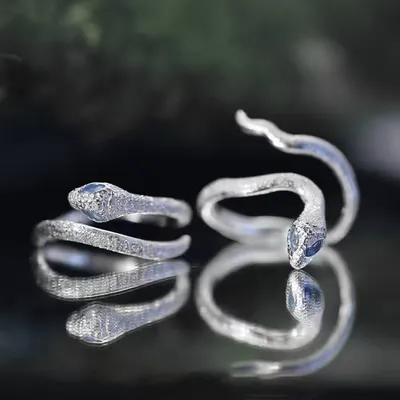 1 Pair 999 Sterling Silver Blue-Eyed Snake Couple Rings, Sparkly Textured Style, For Daily Wear & Valentine's Gifts