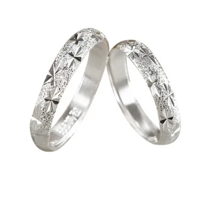 1 Pair 999 Sterling Silver Sparkling Starburst Couple Rings, Polished Carved Style, For Daily Wear & Valentine's Gifts