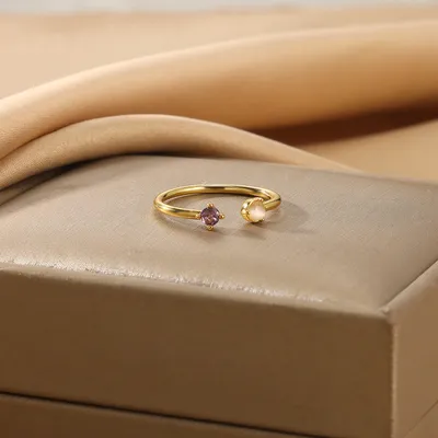 European And American Light-luxury 2-color Birthstone Peach-heart Zircon Stainless Steel 18K Gold-plated Womens Ring