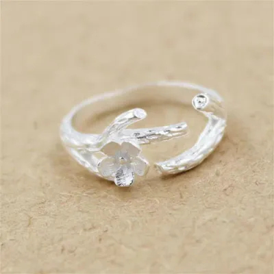 S925 Sterling Silver Open-ring Delicate Flower And Branch Plain Silver Ring