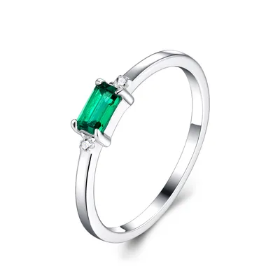 1.5g S925 Silver Platinum Plated Ring  Octagon Cut Lab Grown Emerald Band Dainty Minimalist Jewelry For Women Gift Box Set