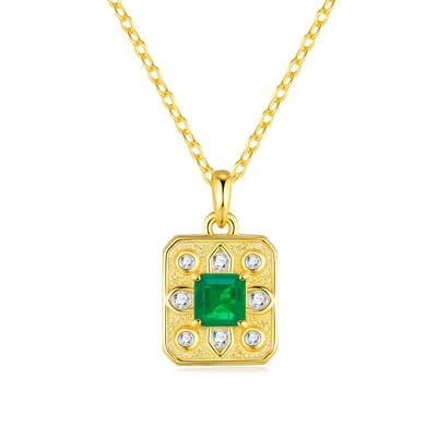 1.8g S925 Gold Plated Lab Grown Emerald Necklace For Women  Octagon Cut Vintage Pendant With Moissanite Accents, Dainty Jewelry Gift Box Set