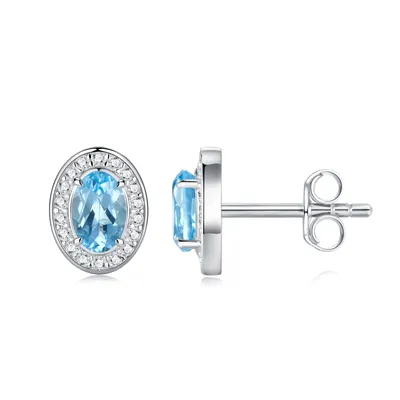 1.65g S925 Sterling Silver Halo Stud Earrings For Women  Oval Cut Blue Topaz & Moissanite, Platinum Plated Jewelry Gift Box Set