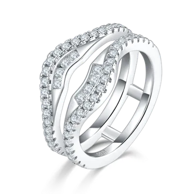 S925 Sterling Silver Double Band Ring, 54 D-VVS1 Moissanite Pave, Platinum Plated 4.7g US Sizes 5-9, GRA Certified Gift Box