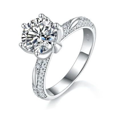S925 Sterling Silver 2ct Round Moissanite Ring, 8mm D-VVS1 6-Prong Pave Band, Platinum Plated US Sizes 5-9, GRA Certificate Gift Box