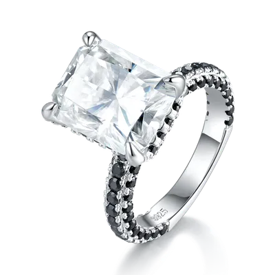 S925 Sterling Silver 8ct Moissanite Ring, 10x12mm D-VVS1 Contrast Black Pave Band, Platinum Plated US Sizes 5-9 GRA Gift Box